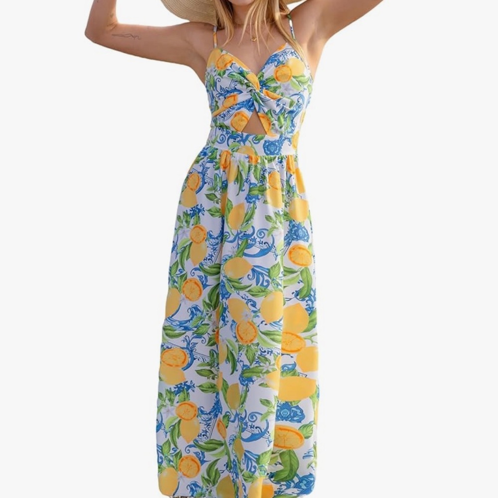 Cupshe Lemon Print Maxi Dress with Blue Accents